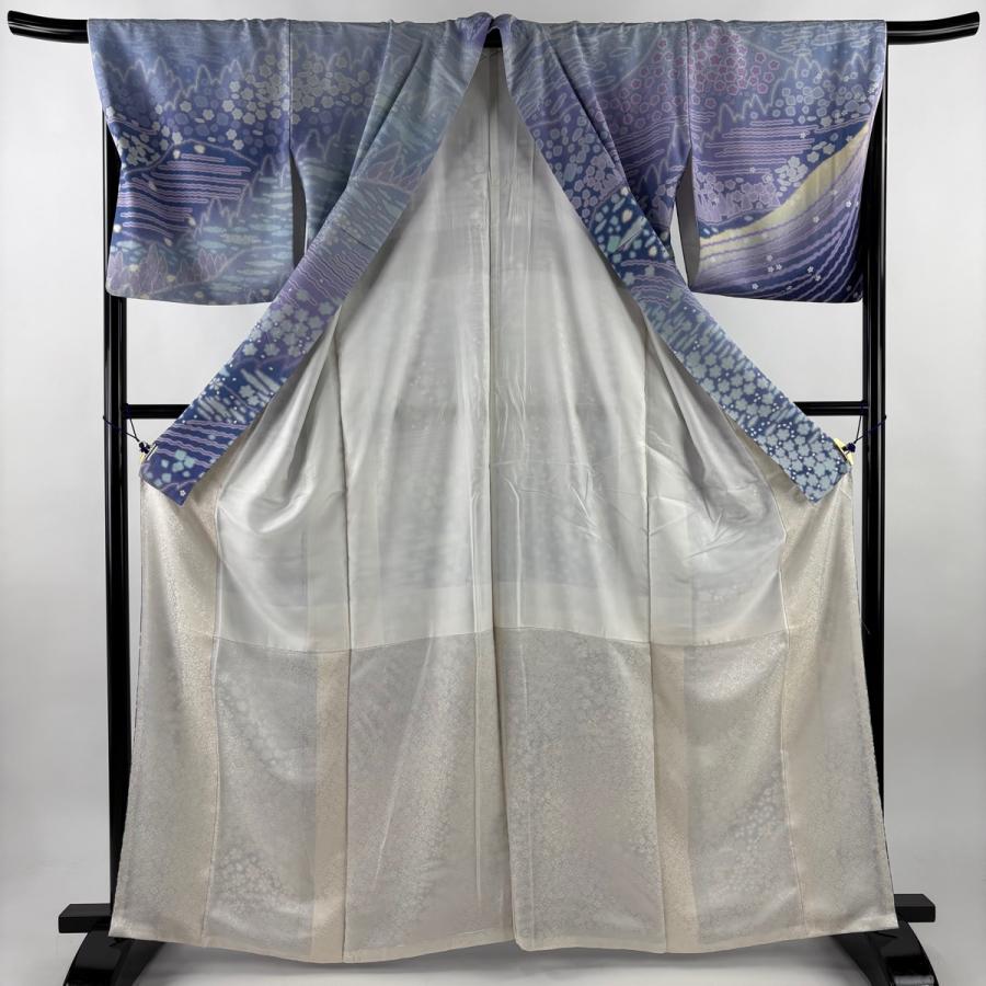 美品 訪問着 身丈164cm 裄丈67.5cm L 袷 桜 流水 銀通し 金糸 青紫 正絹 逸品 中古