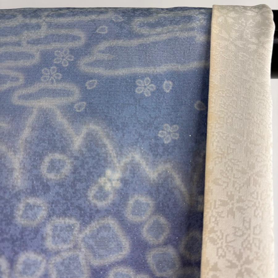 美品 訪問着 身丈164cm 裄丈67.5cm L 袷 桜 流水 銀通し 金糸 青紫 正絹 逸品 中古