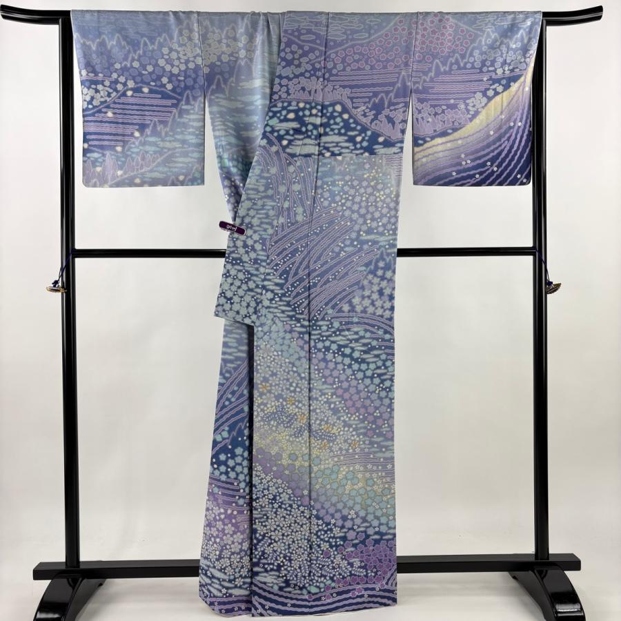 美品 訪問着 身丈164cm 裄丈67.5cm L 袷 桜 流水 銀通し 金糸 青紫 正絹 逸品 中古