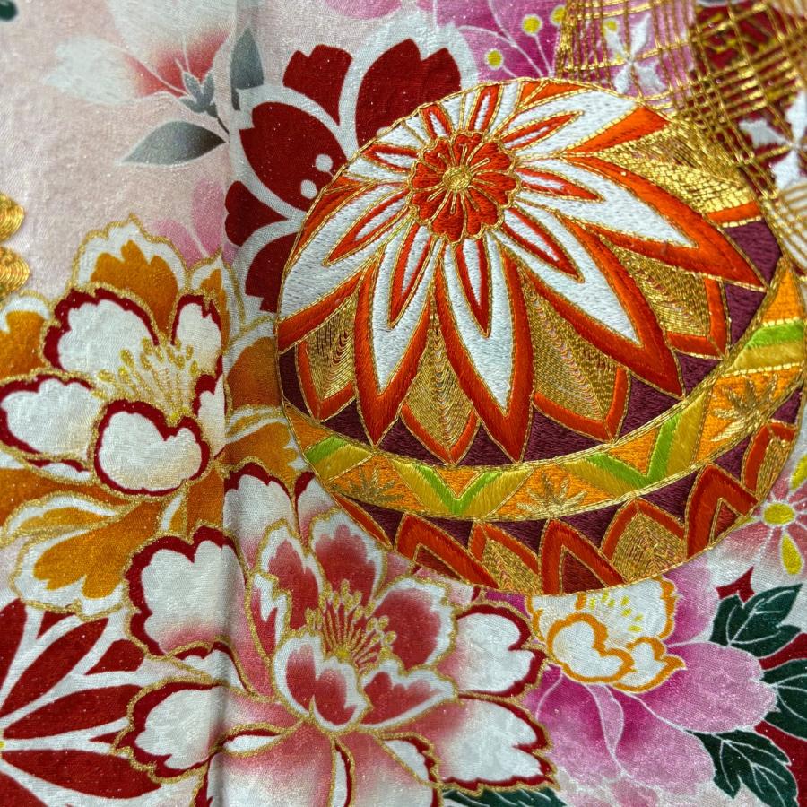 美品 振袖 身丈171cm 裄丈69.5cm L 袷 手鞠 草花 金糸 銀通し 黒 正絹 逸品 中古