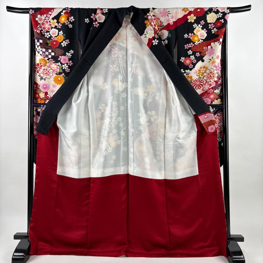 美品 振袖 身丈171cm 裄丈69.5cm L 袷 手鞠 草花 金糸 銀通し 黒 正絹 逸品 中古