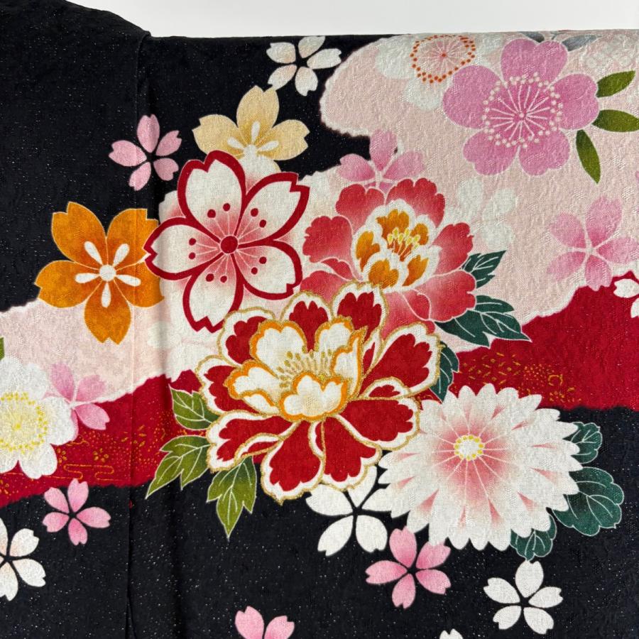 美品 振袖 身丈171cm 裄丈69.5cm L 袷 手鞠 草花 金糸 銀通し 黒 正絹 逸品 中古