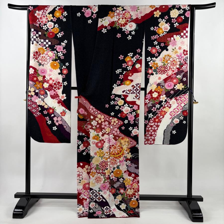 美品 振袖 身丈171cm 裄丈69.5cm L 袷 手鞠 草花 金糸 銀通し 黒 正絹 逸品 中古