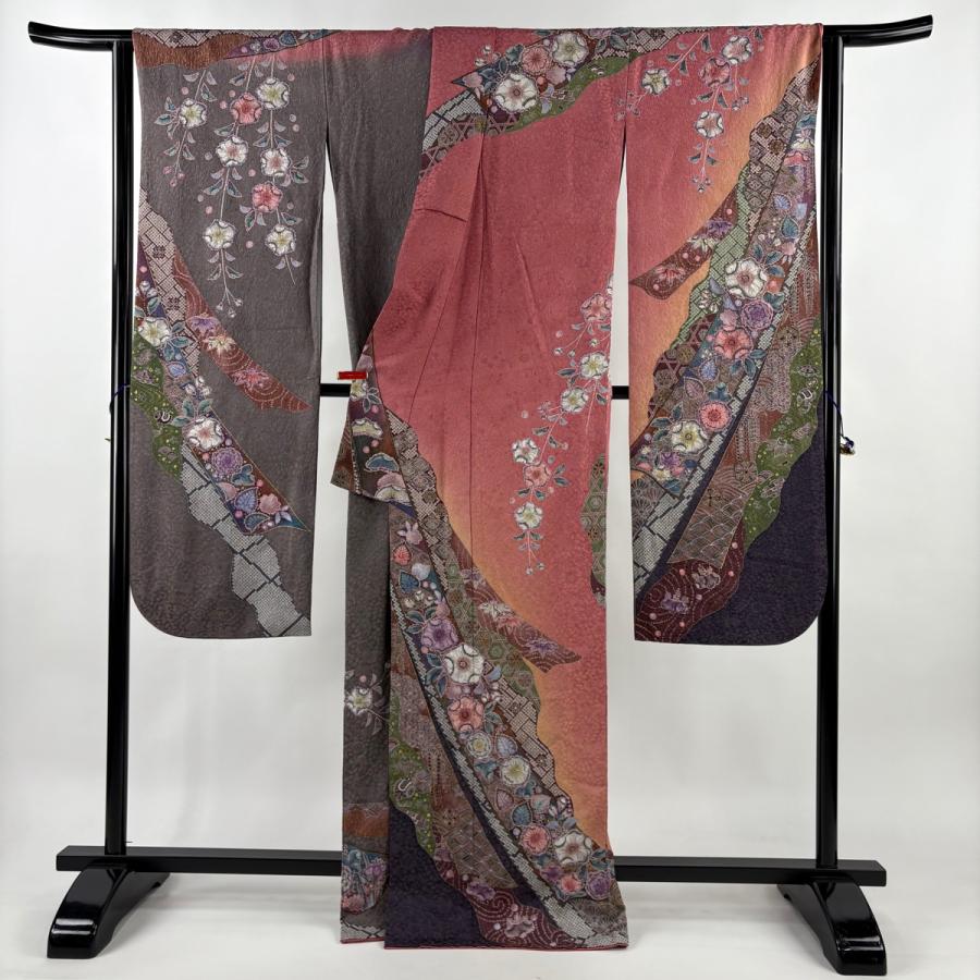 美品 振袖 身丈168.5cm 裄丈69.5cm L 袷 やまと 辻が花柄 宝尽くし 金 