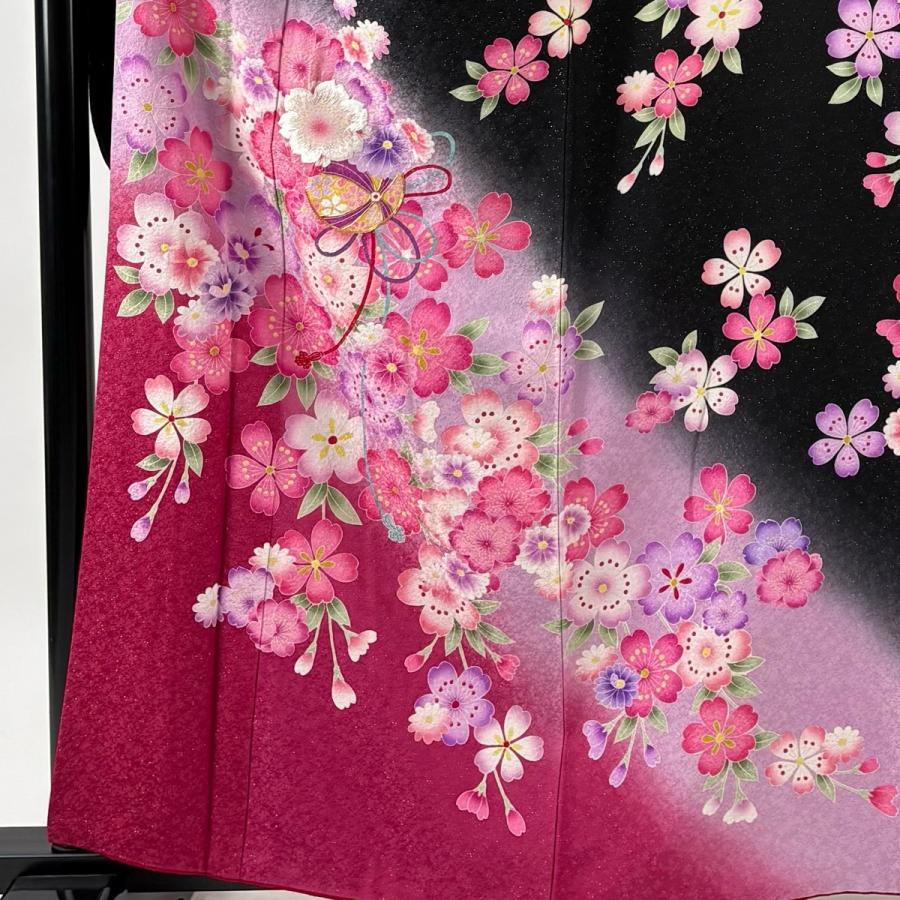 振袖 身丈160cm 裄丈66.5cm M 袷 桜 手鞠 銀通し 金糸 黒 正絹 逸品 