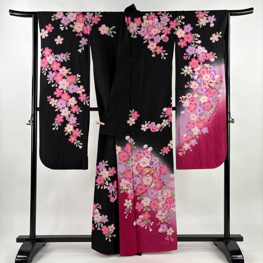 振袖 身丈160cm 裄丈66.5cm M 袷 桜 手鞠 銀通し 金糸 黒 正絹 逸品 