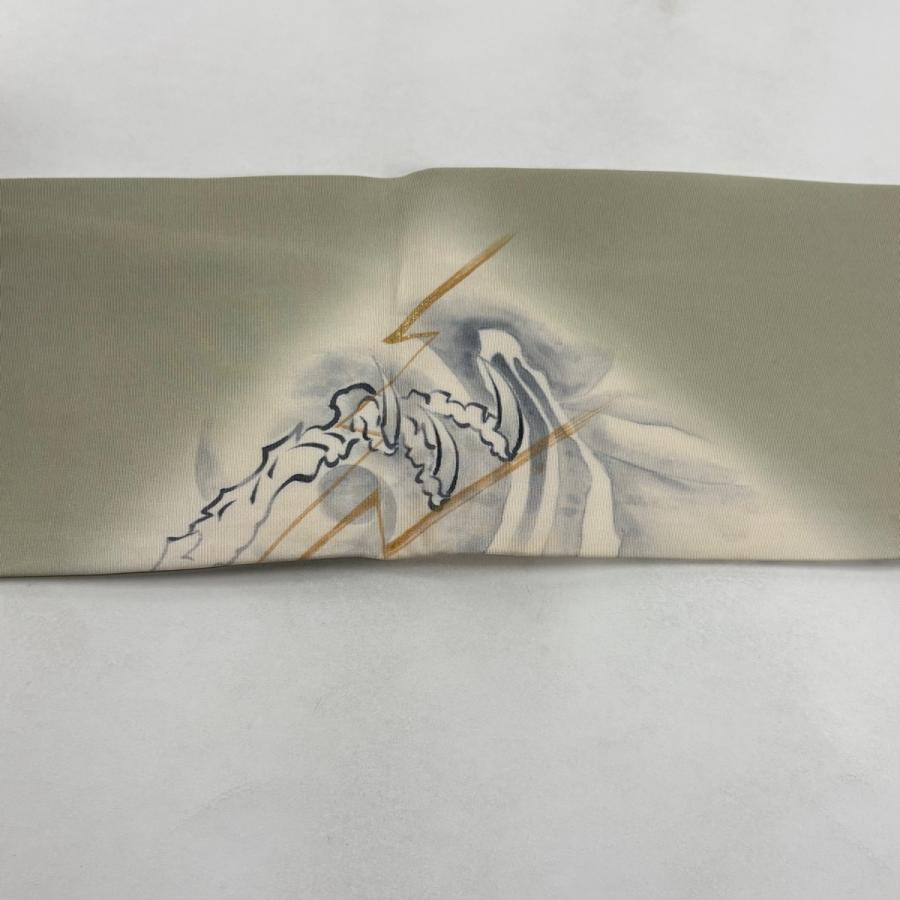 名古屋帯 逸品 龍 雷 金彩 灰緑 正絹 中古