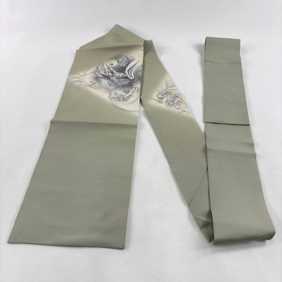 名古屋帯 逸品 龍 雷 金彩 灰緑 正絹 中古