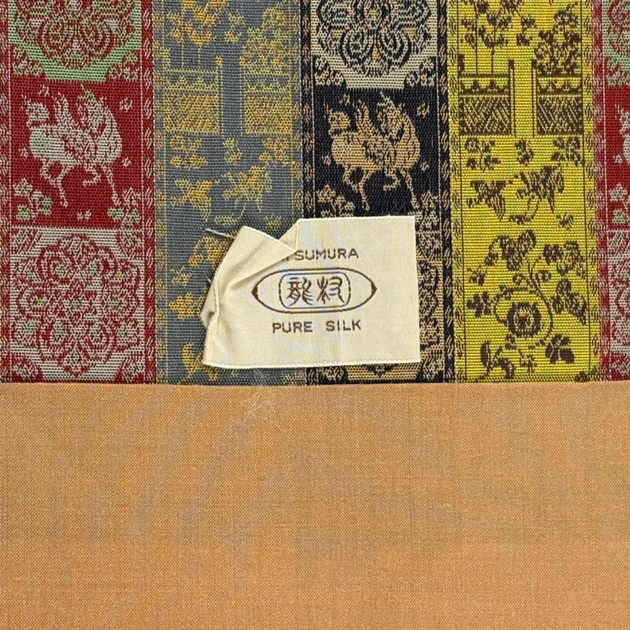 美品 開き名古屋帯 逸品 龍村美術織物 比翼仕立て 華文 鳥 青灰色 正絹 中古_6