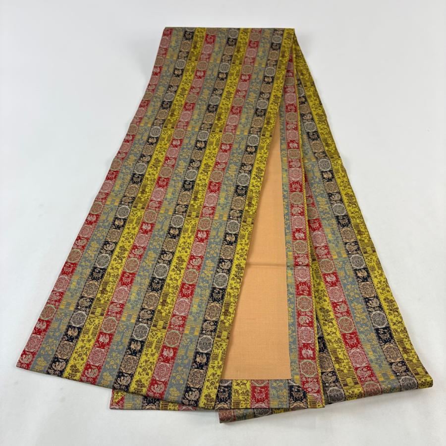 美品 開き名古屋帯 逸品 龍村美術織物 比翼仕立て 華文 鳥 青灰色 正絹 中古_7