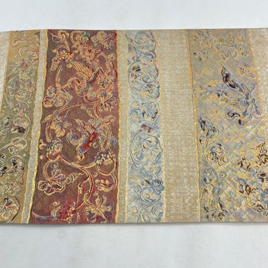 美品 袋帯 逸品 となみ織物 証紙あり 花鳥 横段 金糸 箔 銀色 六通