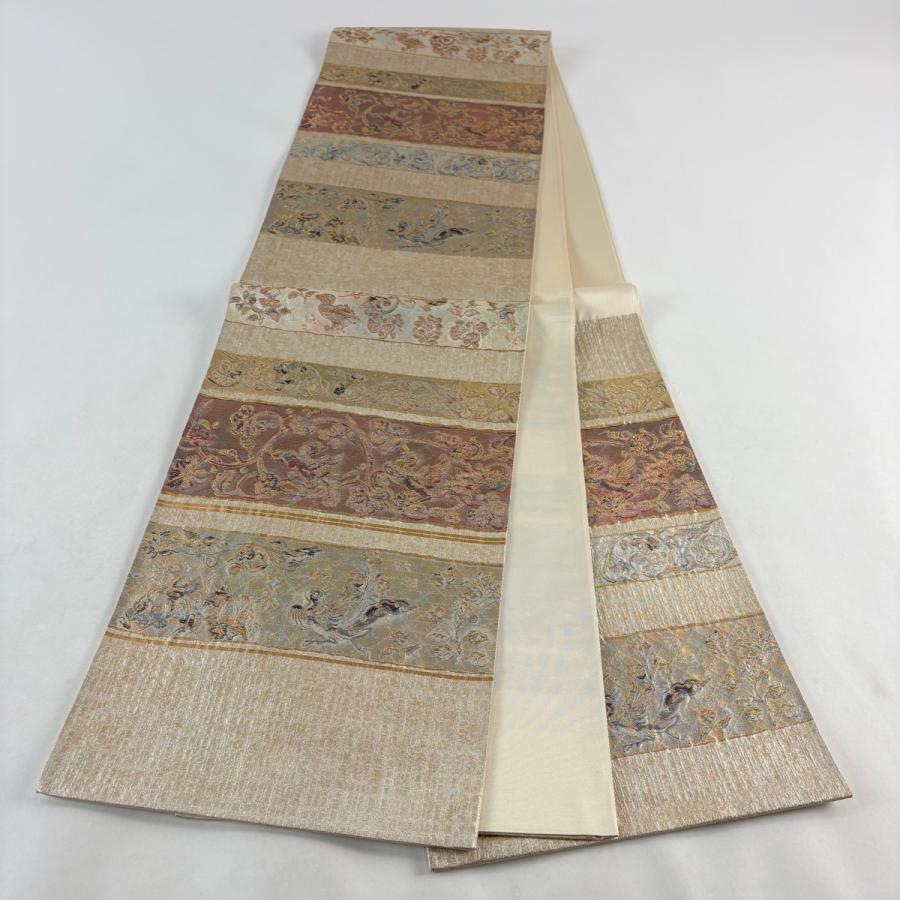 袋帯　和紙　逸品 美品 袋帯 逸品 となみ織物 証紙あり 花鳥 横段 金糸 箔 銀色 六通