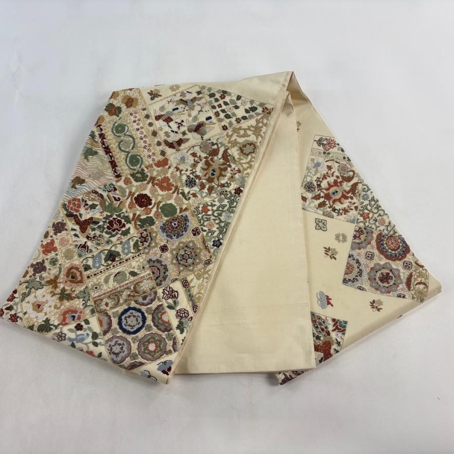 袋帯 逸品 華文 花鳥 金糸 刺繍 クリーム お太鼓柄 正絹 中古_6
