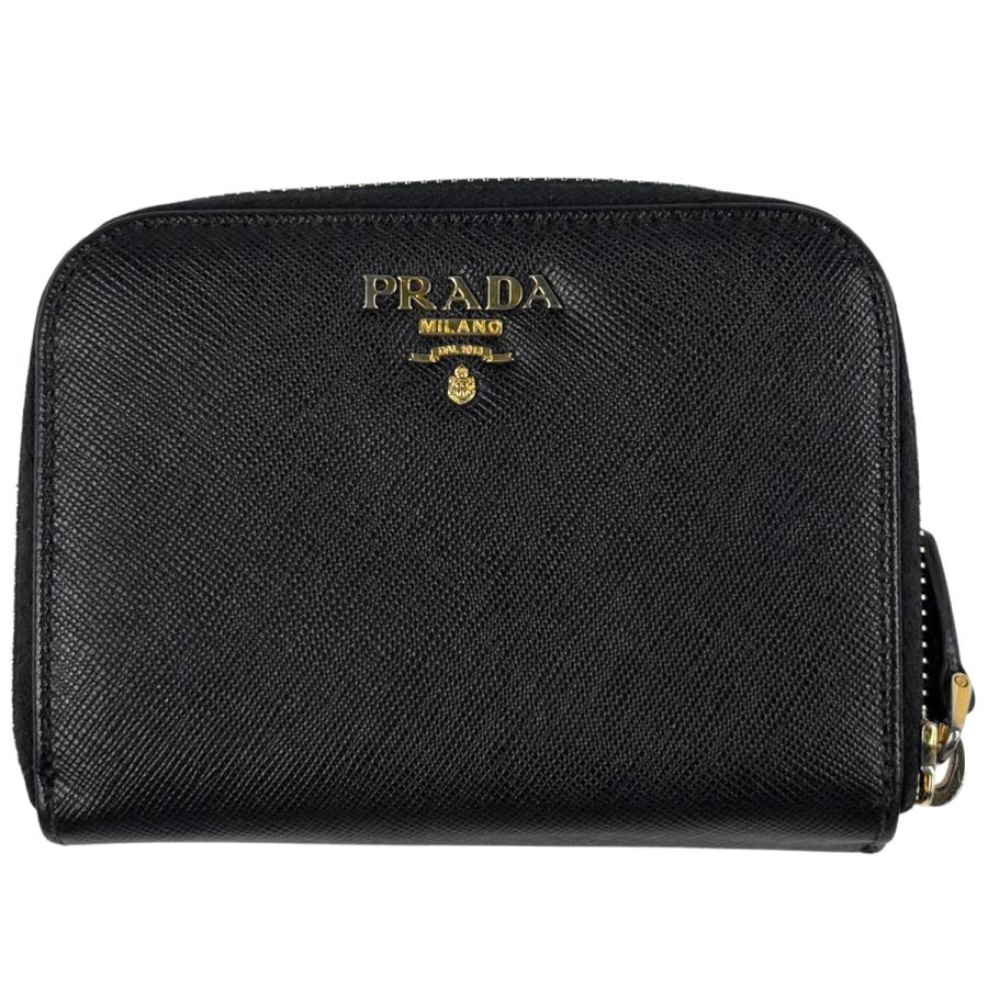 レア✨プラダ ２つ折り財布 サフィアーノレザー ロゴ シルバー金具 バイカラー PRADA プラダ 二つ折り財布 サフィアーノレザー 金ロゴ NERO 黒 本革