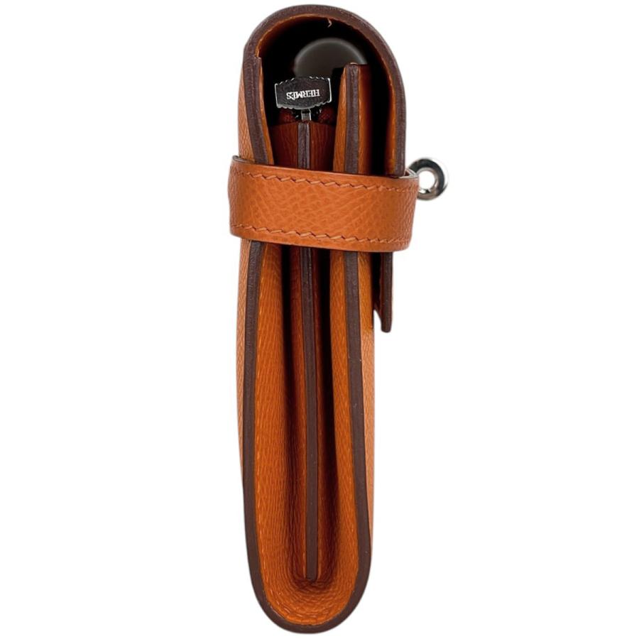 エルメス HERMES ケリーウォレット ロング 二つ折り 長財布 ヴォーエプソン オレンジ □K レディース 中古の画像