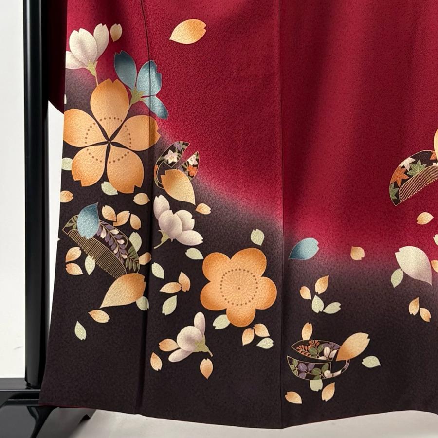 美品 振袖 身丈163cm 裄丈66.5cm M 袷 袋帯フルセット 桜 櫛 染め分け 
