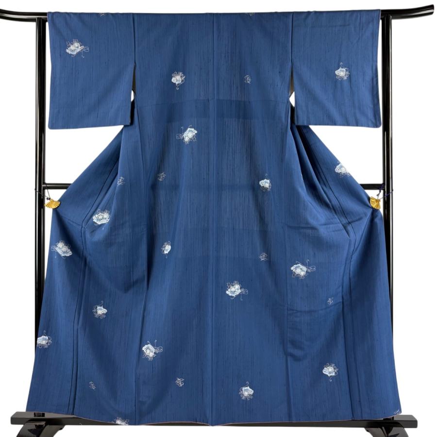 小紋 身丈159cm 裄丈63cm S 袷 紬地 草花 青 正絹 優品 中古
