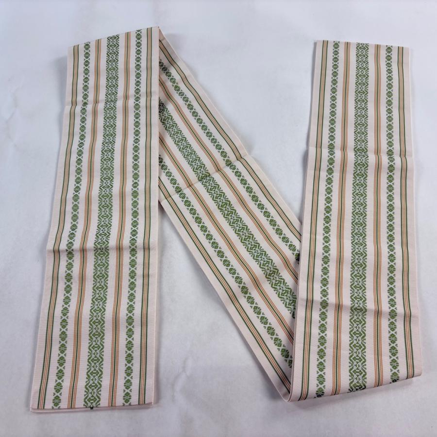 美品 半幅帯 秀品 縞 幾何学模様 クリーム 正絹 中古_4