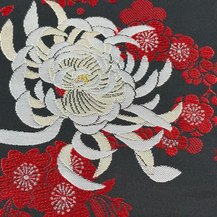 美品 半幅帯 優品 菊 桜 箔 黒 化繊 中古 【公式通販】