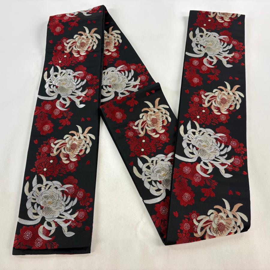 美品 半幅帯 優品 菊 桜 箔 黒 化繊 中古 【公式通販】