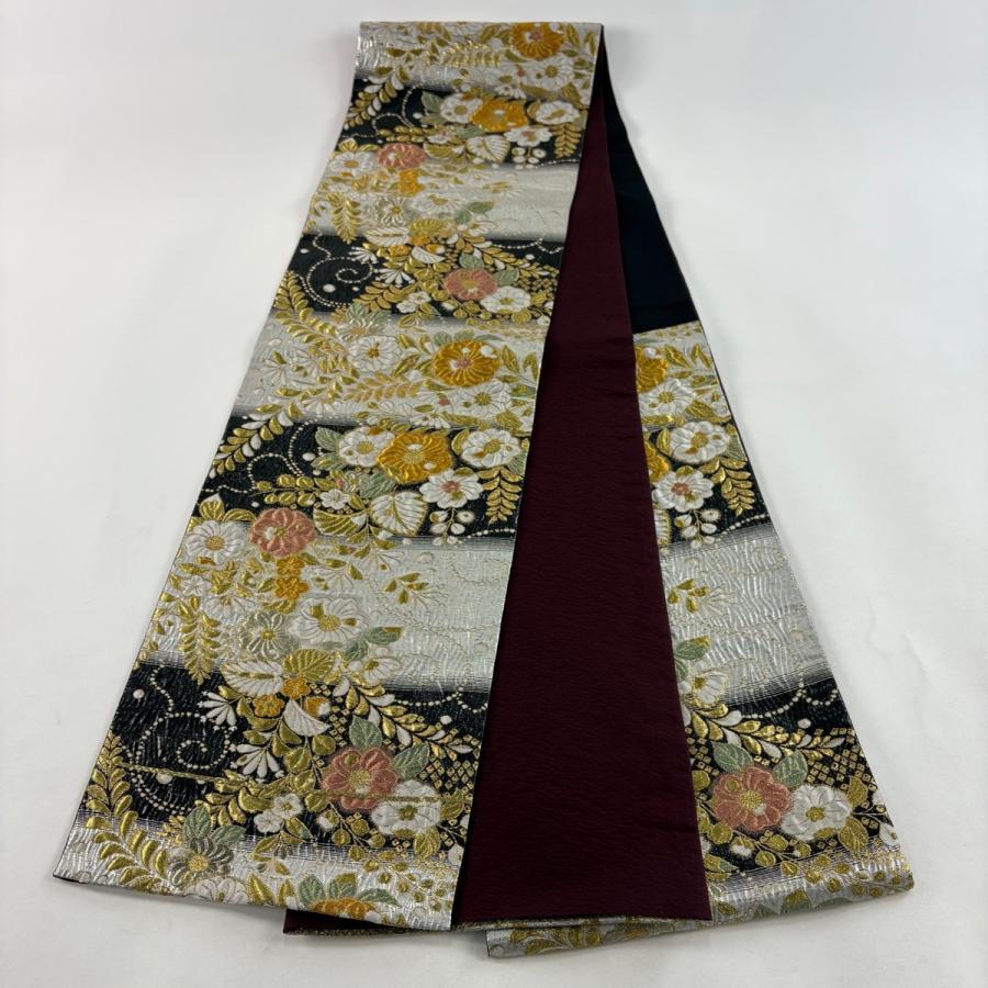 【美品】 袋帯 秀品 六通 正絹 【中古】 袋帯 秀品 六通 正絹 【中古】 美品 袋帯 秀品 草花 段縞 箔
