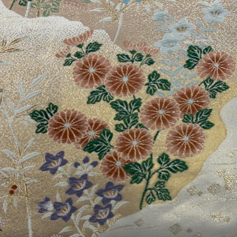 美品 袋帯 秀品 関西仕立て 草花 道長取り 箔 金糸 ベージュ 六通 正絹