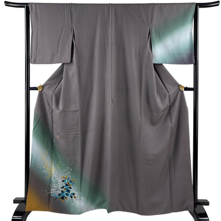 付下げ　絽　洗える　灰黄色　秋草柄　身丈162.5裄65.5 付下げ 身丈165cm 裄丈64.5cm M 袷 草花 鳥 金彩 ぼかし 灰色 正絹 秀