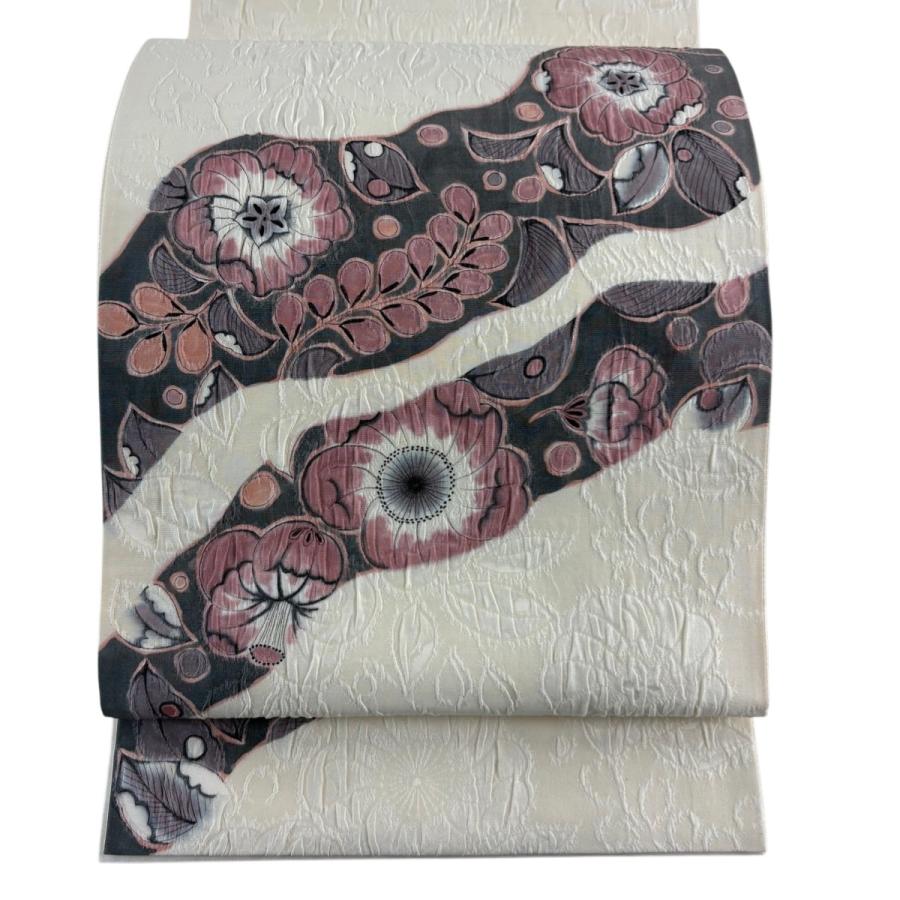 袋帯 秀品 落款 関西仕立て 霞 金銀彩 金糸 灰色 お太鼓柄 正絹 【中古】 美品】 袋帯 秀品 関西仕立て 亀甲 草花 ラメ彩 刺繍 灰茶 お太鼓柄