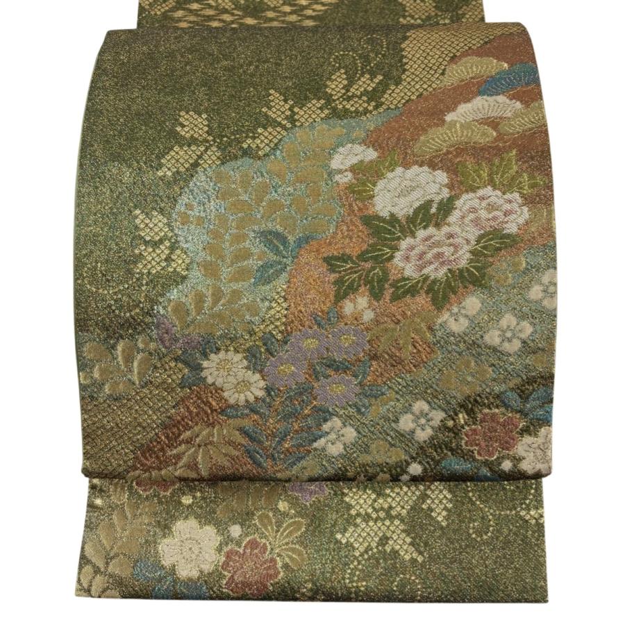 袋帯 美品 秀品 草花 箔 螺鈿箔 金色 お太鼓柄 正絹 中古 袋帯 秀