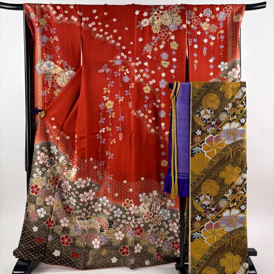 振袖 身丈165.5cm 裄丈69.5cm L 袷 袋帯フルセット 御所車 桜 金糸 