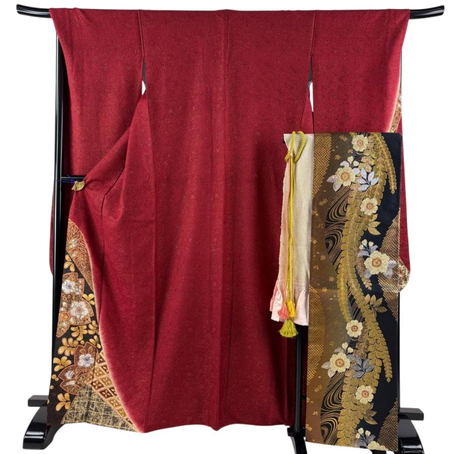 美品 振袖 身丈165cm 裄丈70cm L 袷 袋帯フルセット 草花 菱 金通し