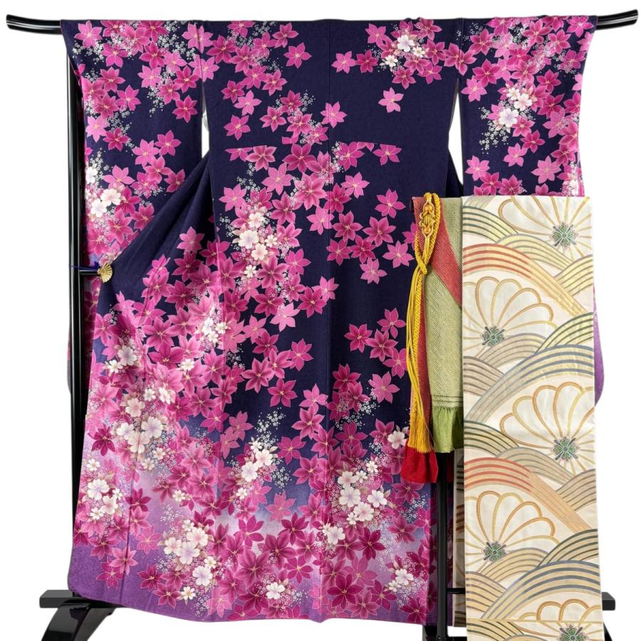 美品 振袖 身丈161.5cm 裄丈70cm L 袷 袋帯フルセット 草花 銀通し 銀 