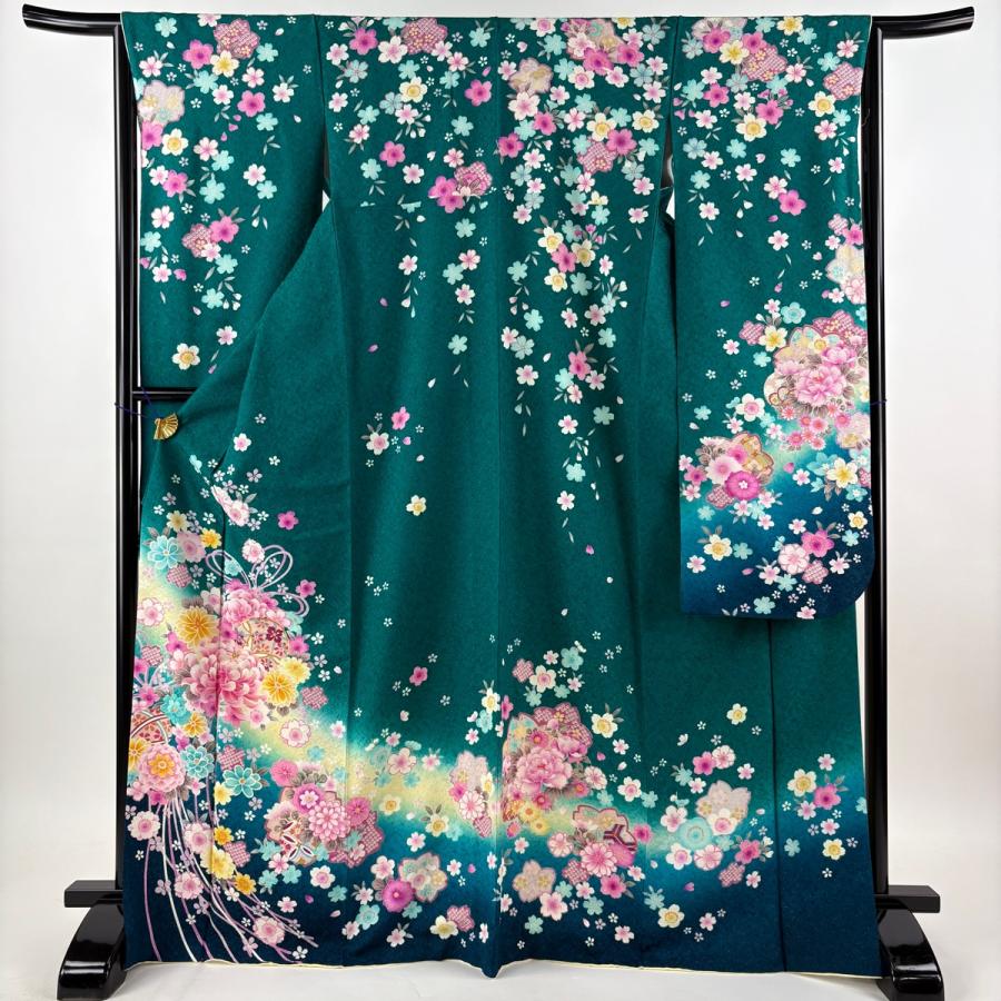 美品 振袖 身丈170cm 裄丈64.5cm M 袷 袋帯フルセット 乱菊 桜 銀通し 