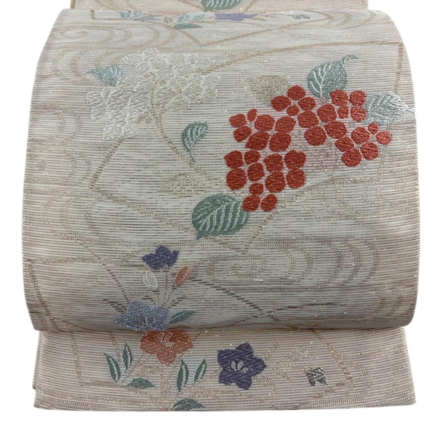 袋帯 秀品 夏帯 絽 紫陽花 扇面 箔 銀糸 ベージュ 六通 正絹 中古