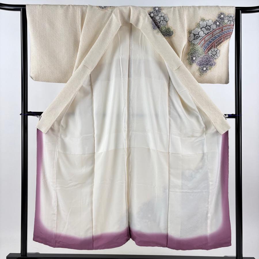 美品 訪問着 身丈152.5cm 裄丈63cm S 袷 落款あり 橋 草花 絞り クリーム 正絹 逸品 中古