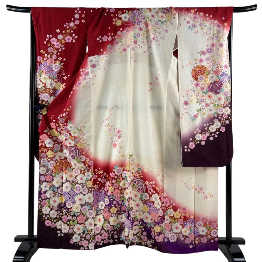 【美品】 振袖 身丈165cm 裄丈68.5cm 正絹 名品 【中古】 振袖 身丈165.5cm 裄丈69cm L 袷 徳永憲峯 落款あり 手鞠 辻が花 銀