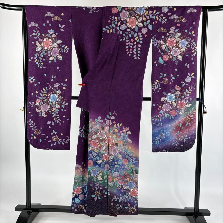 美品】 振袖 身丈155.5cm 裄丈62.5cm S 袷 扇 ヱ霞 金糸 金彩 紺色
