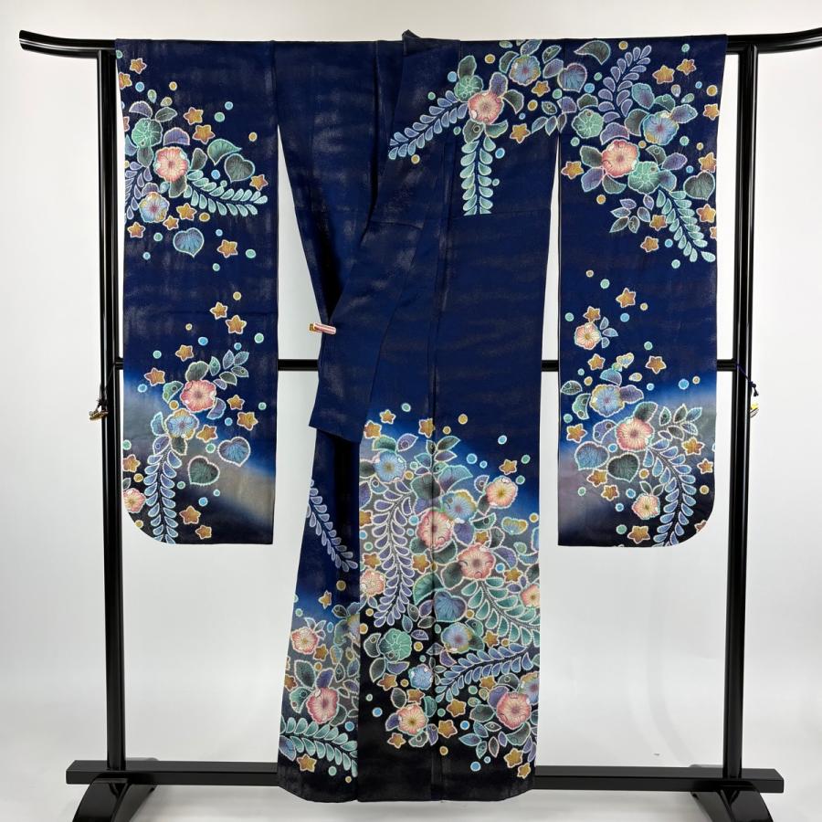 振袖 身丈154cm 裄丈63cm S 袷 徳永正峰 鈴乃屋 落款あり 辻が花柄 銀 