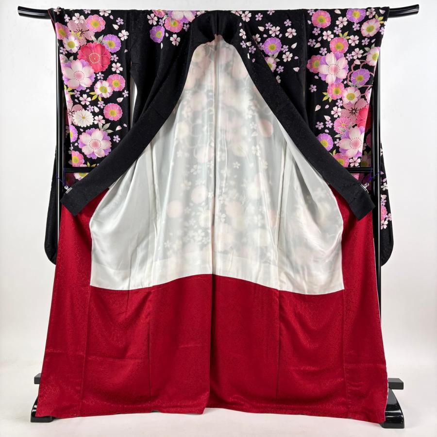振袖 身丈174cm 裄丈75cm L 袷 牡丹 桜 銀通し 金彩 黒 正絹 逸品 中古