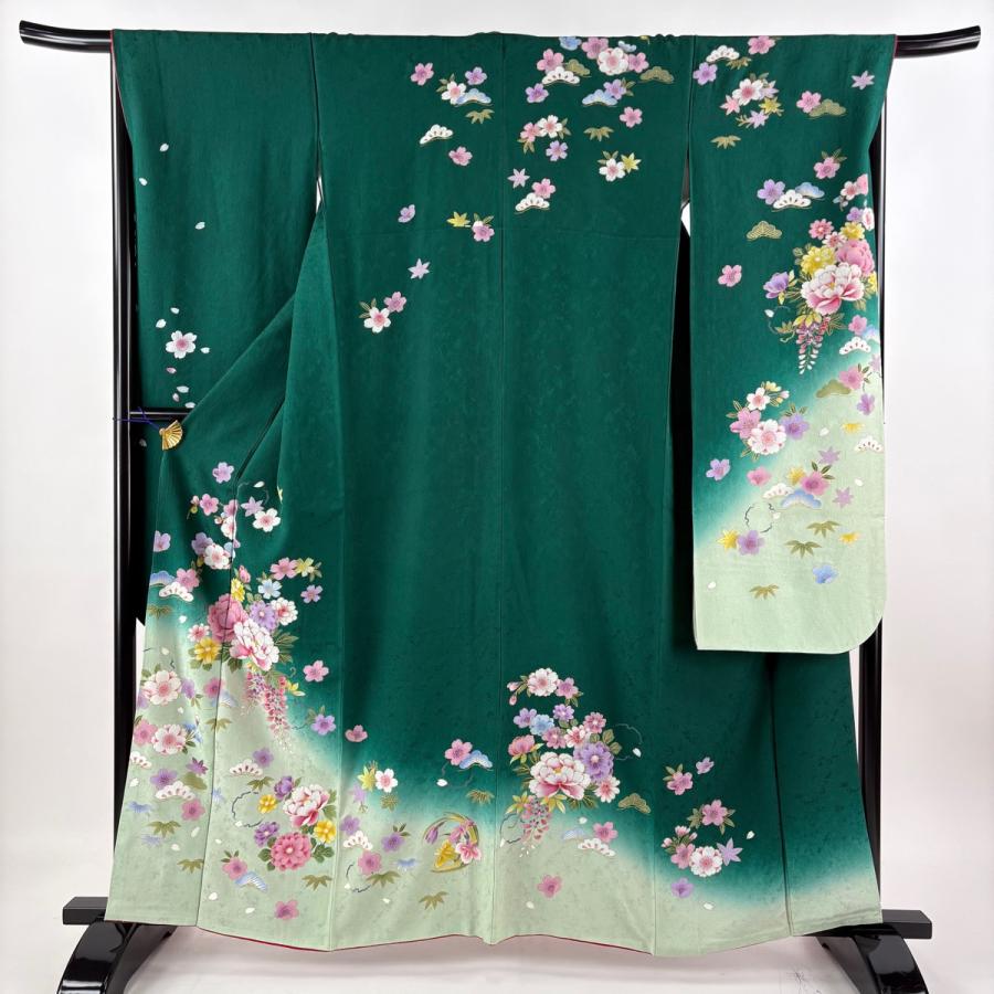 【美品】振袖　緑　正絹　金彩　牡丹　身丈161cm裄65.5cm 美品 振袖 身丈161cm 裄丈67cm M 袷 袋帯フルセット 牡丹 桜 金彩