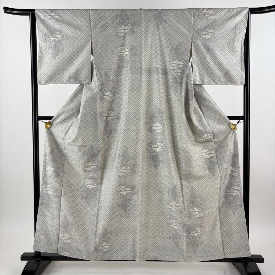 紬 身丈159.5cm 裄丈65cm M 袷 袋帯セット 建物 七宝文 灰色 正絹 秀品 中古_2