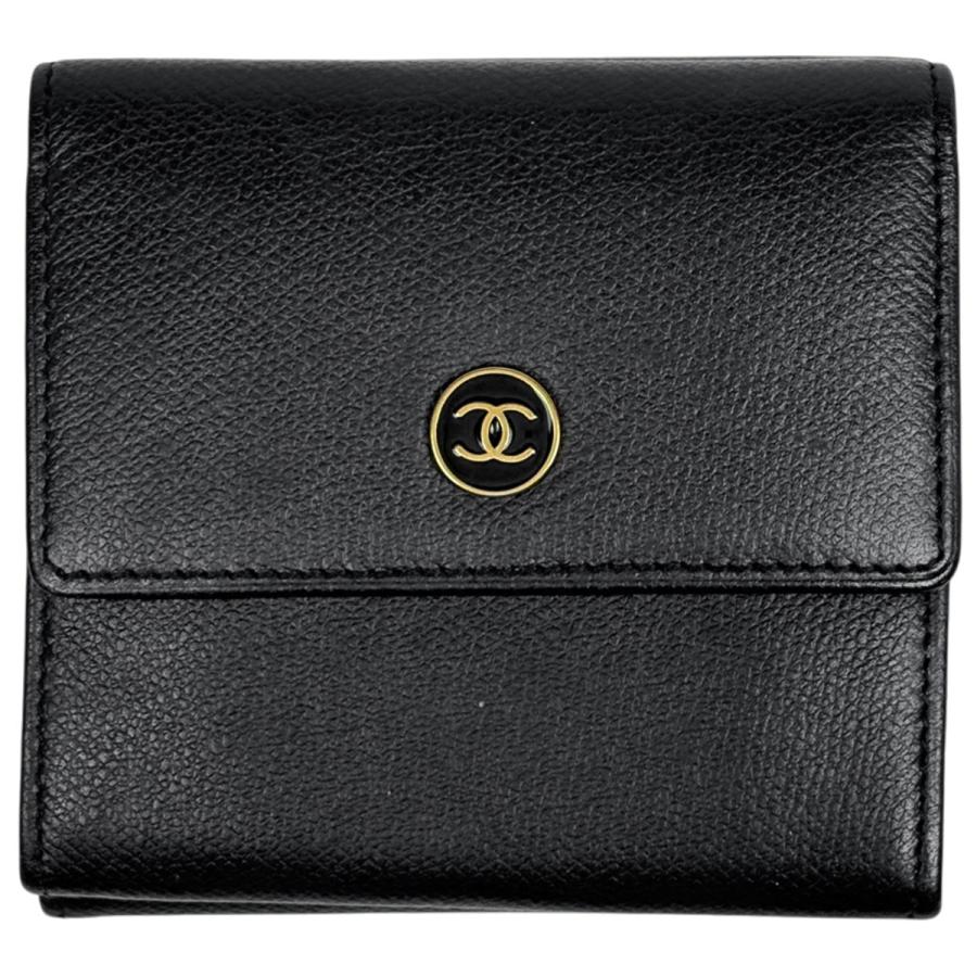 シャネル ココボタン 三つ折り 財布 レディース 【中古】 CHANEL（シャネル） ココボタン 三つ折り財布 ブラック レザー