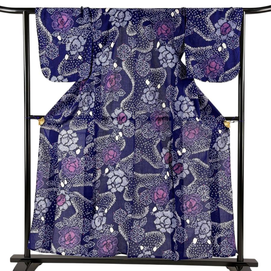 絞り浴衣　身丈157.5 裄66.5 ブルー系　197 美品 浴衣 身丈157cm 裄丈64cm M 絞り浴衣 草花 青紫 綿 名品 中古