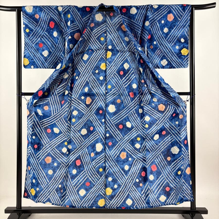 浴衣 身丈158cm 裄丈62cm S 絞り浴衣 花 幾何学 青 綿 名品 中古 