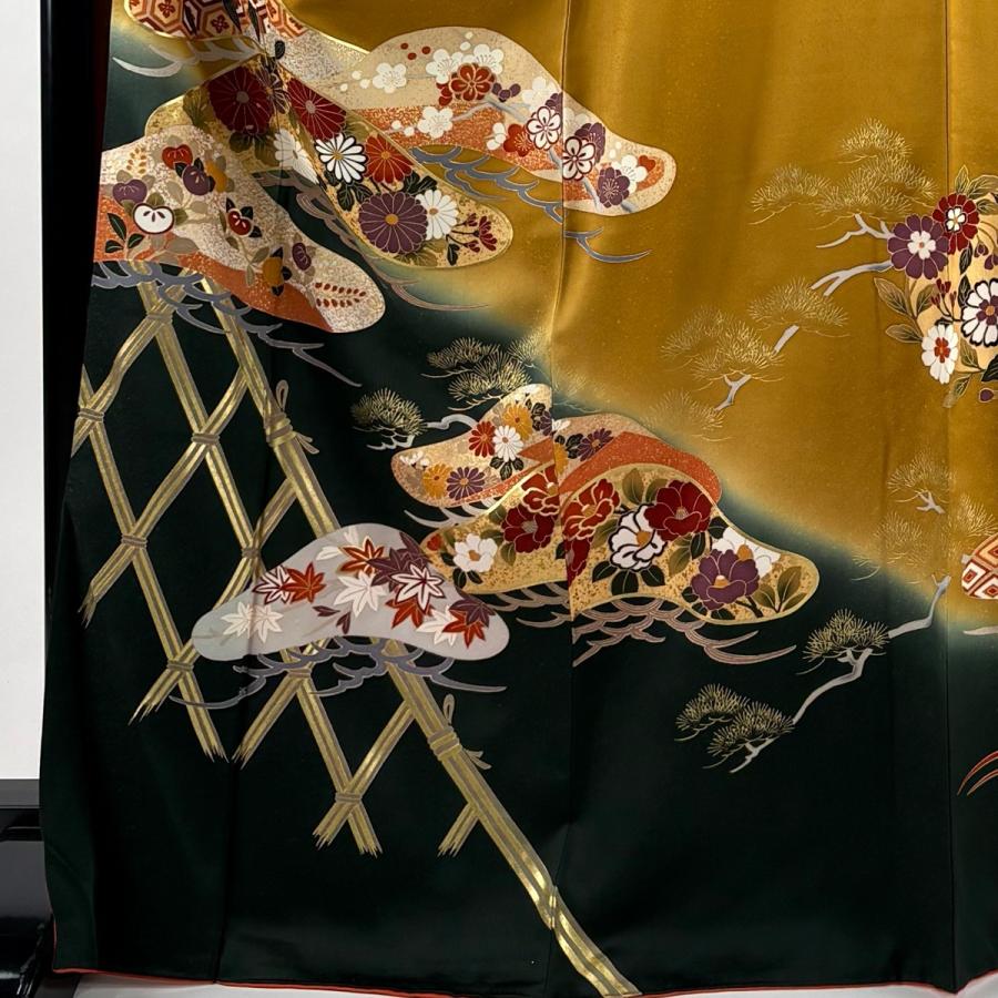 振袖 身丈170.5cm 裄丈69cm L 袷 松 草花 金彩 染め分け 黄土色 正絹 