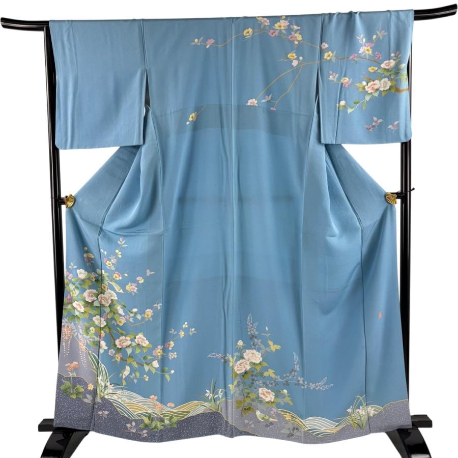リサイクル着物 訪問着 ぼかし 葉文 正絹 身丈約162cm 裄丈約64.5cm 25z07-4244 訪問着 身丈162cm 裄丈67.5cm L 袷 落款あり 鳥 枝花 染め分け ぼかし