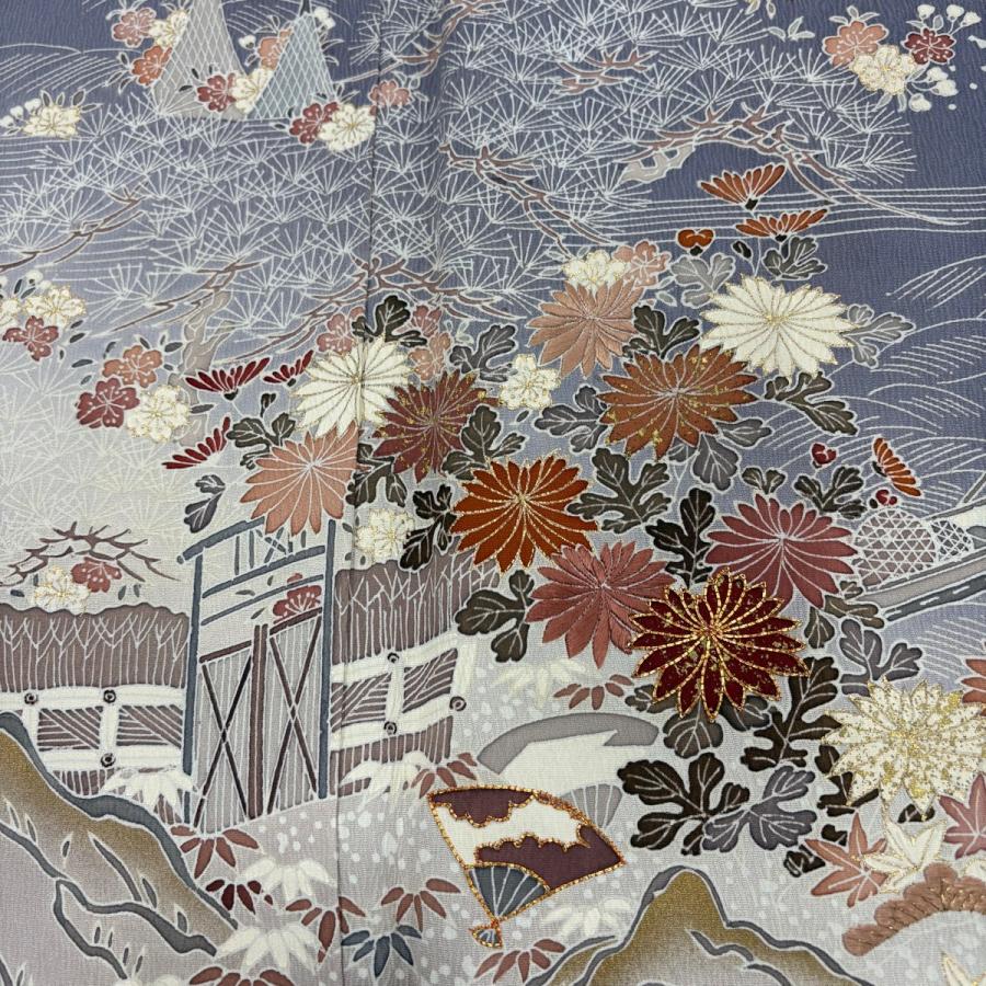 訪問着 身丈166cm 裄丈67.5cm L 袷 菊 松 金糸 金彩 灰紫 正絹 秀品