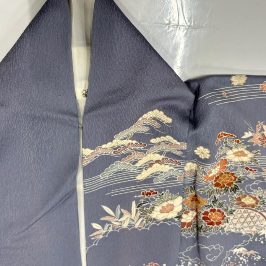 訪問着 身丈166cm 裄丈67.5cm L 袷 菊 松 金糸 金彩 灰紫 正絹 秀品