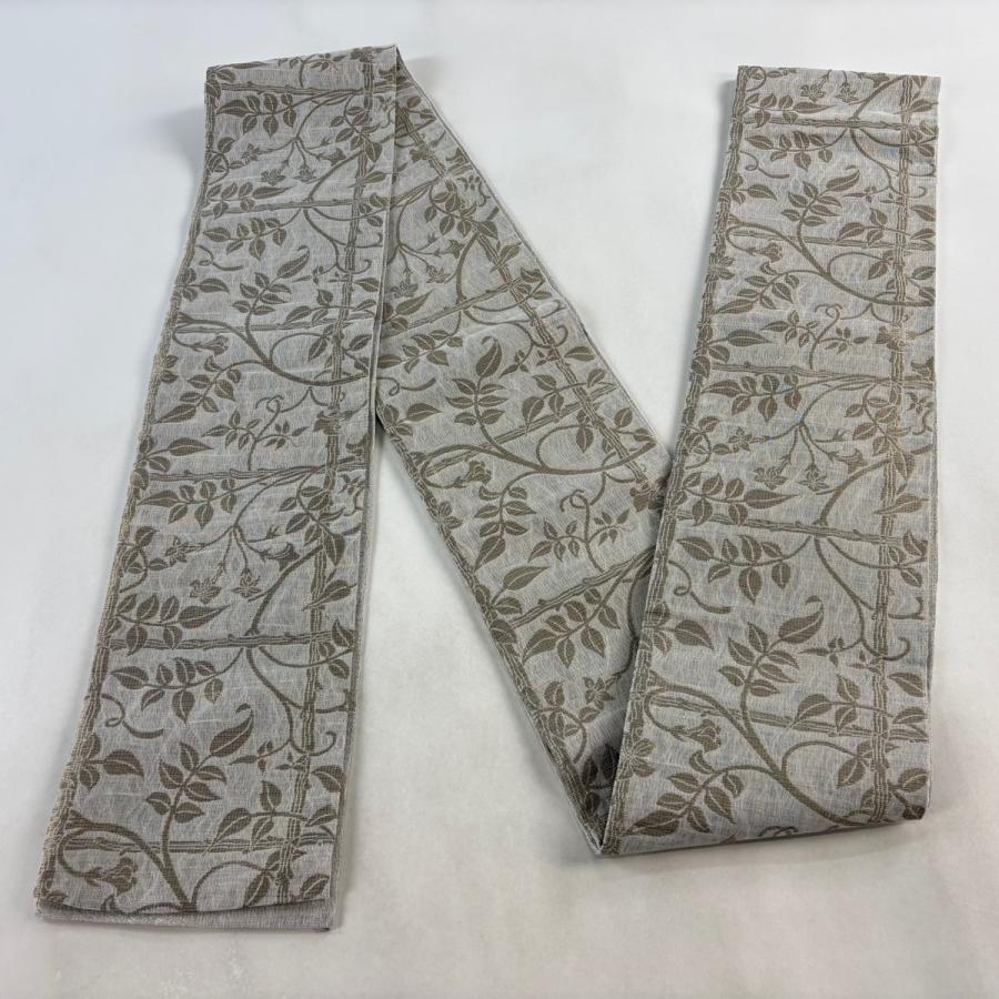 美品 半幅帯 名品 花唐草 金糸 灰白 正絹 中古_4