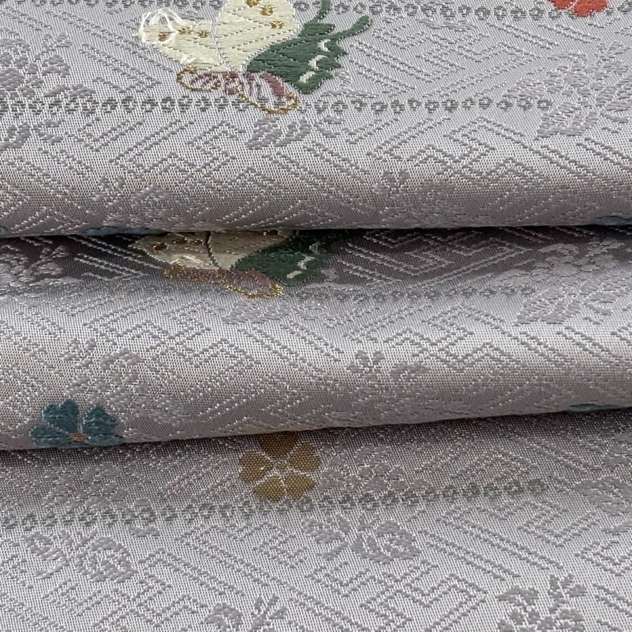 半幅帯 名品 証紙あり 蝶 桜 金糸 箔 灰紫 正絹 中古_2